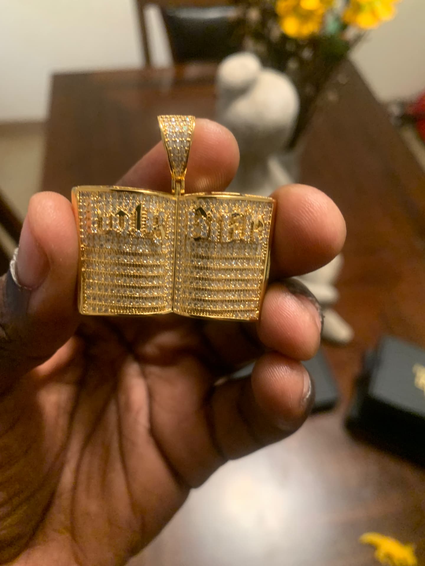 Gold-tone iced open Holy Bible pendant