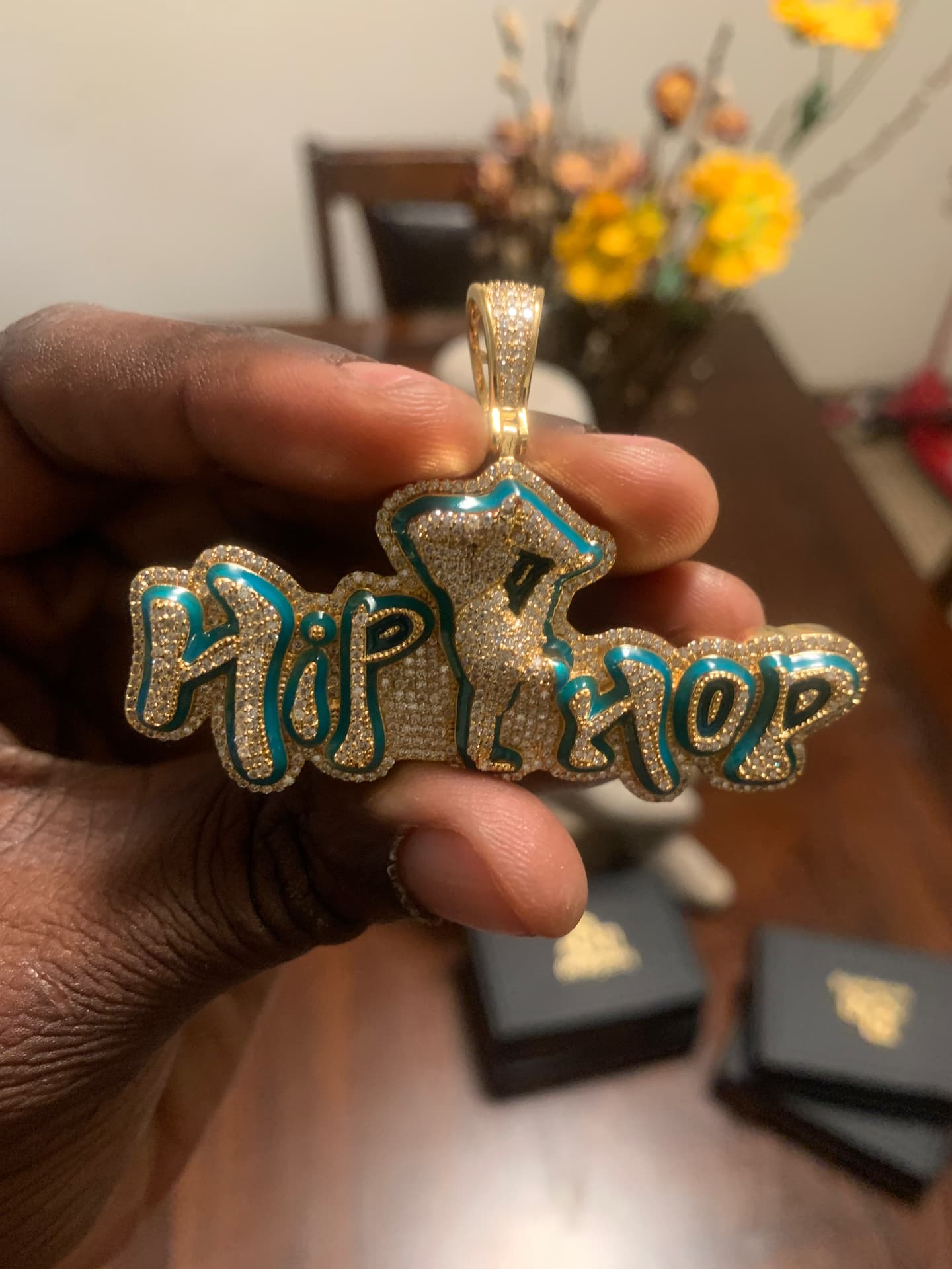 Close view of the iced Hip Hop pendant