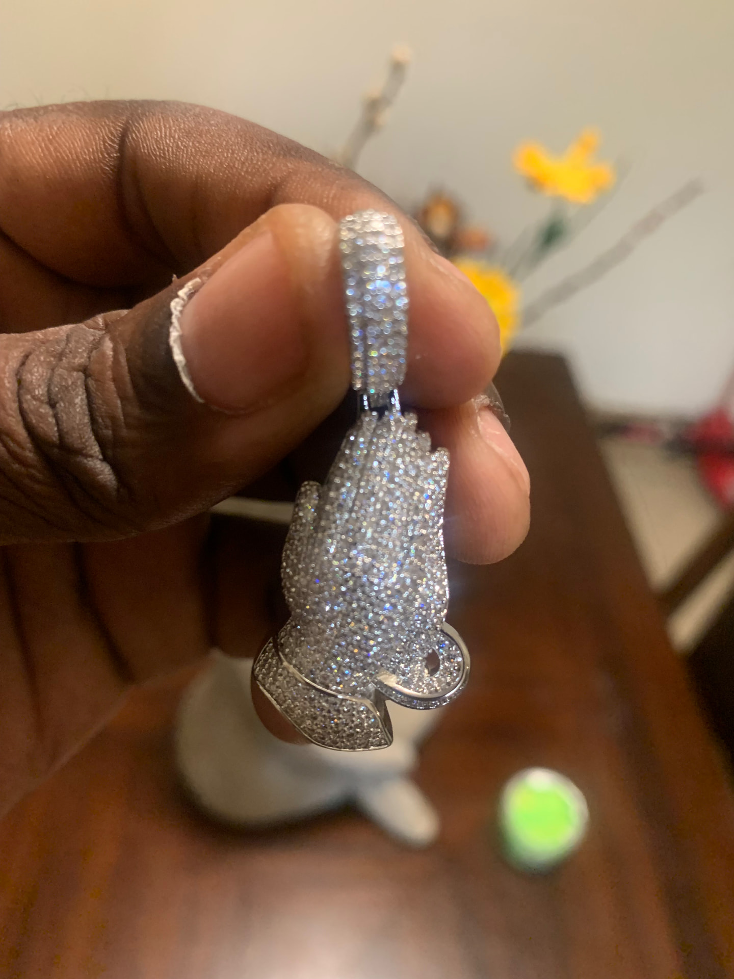 Silver-tone iced praying hands pendant with rosary ring
